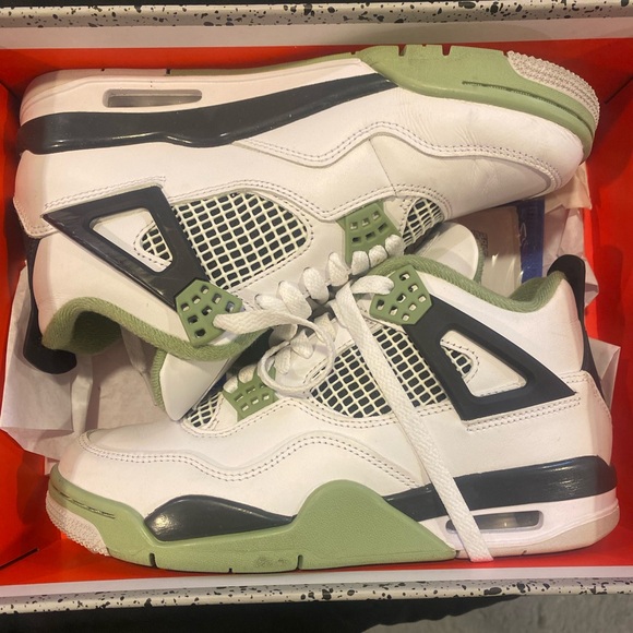 Jordan Shoes - Women’s Air Jordan 4 Retro White/Oil Green-Dark Ash Size 8